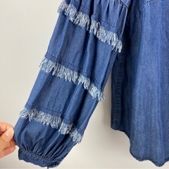 JANE & Delancey Chambray Lyocell Boho Tiered Fringe Sleeves Top Medium - Picture 4 of 10